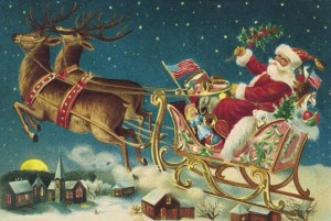 Illustration of Santa Claus and reindeer with flying sleigh